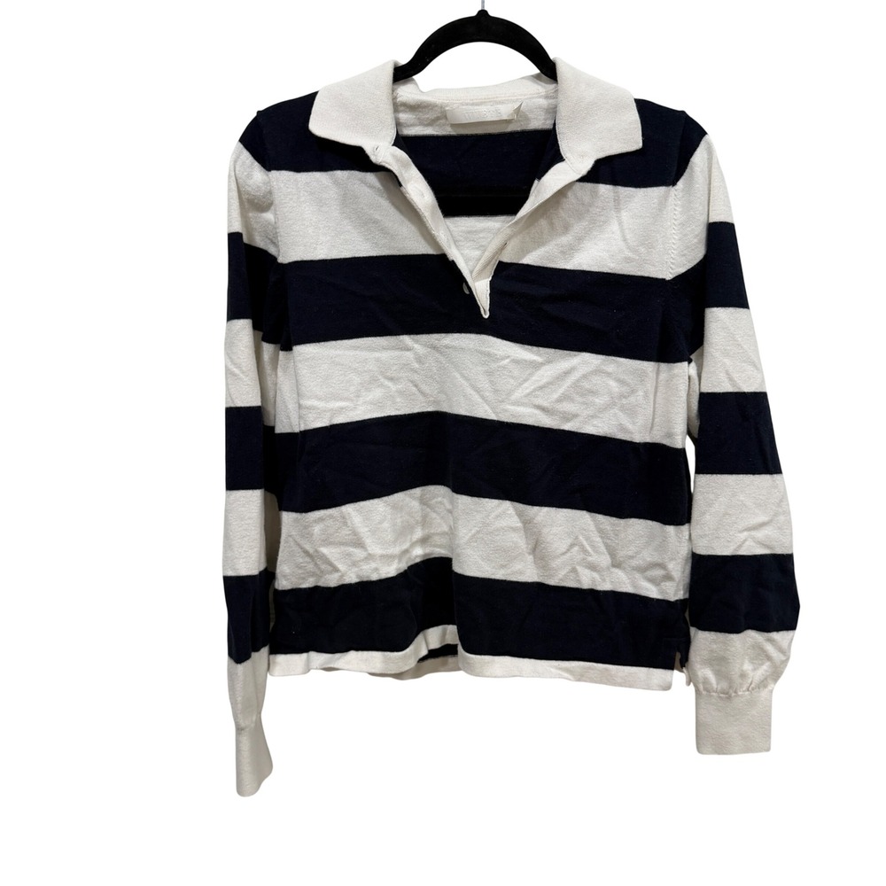 Wyeth Navy White Striped Cotton Cashmere Long Sleeve‎ Polo Sweater Small